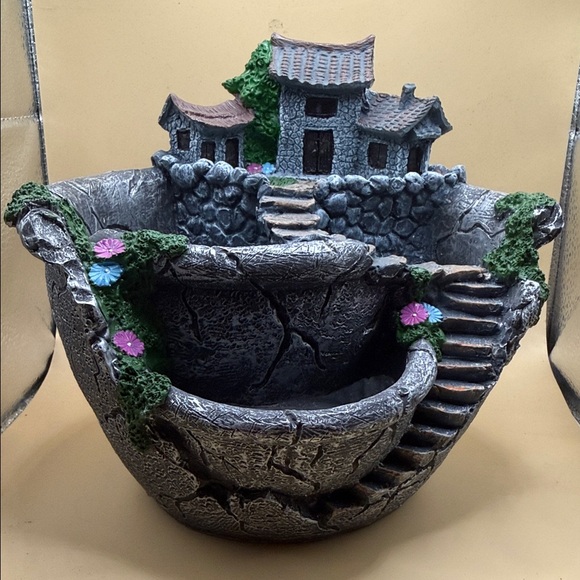None Other - Grey Tiered Cottage Fountain Planter with Purple & Blue Flower Accents